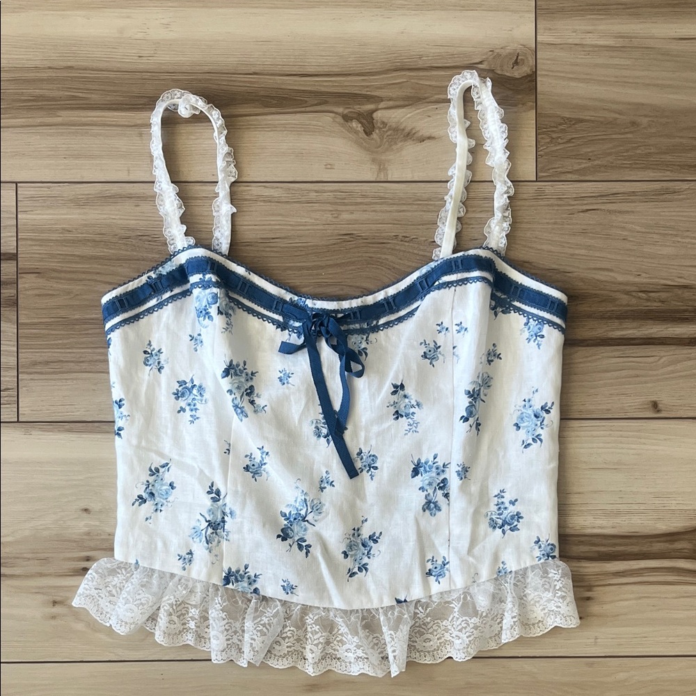 Reformation Paola Linen Sleeveless Top in Delicacy Corset White Blue Coquette - Picture 5 of 9